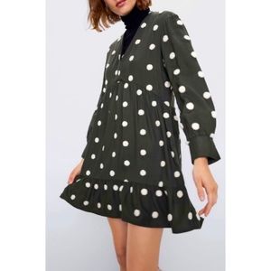 ZARA Green Long Sleeve Pom Pom Polka Dot Dress